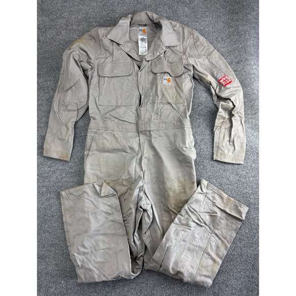 Carhartt FR Coveralls Jumpsuit Men's 40 Tall Beige Long Sleeve Snap Up Workwear